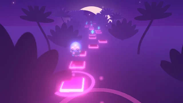 Free online 3D rhythm game with a cute hopping character on glowing neon tiles under a crescent moon