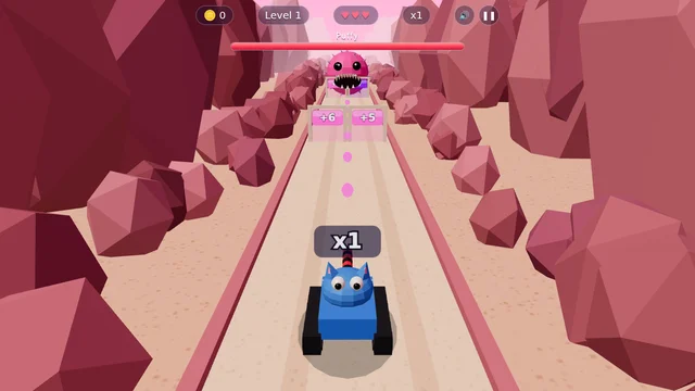 Free online cute cat tank game with a blue kitty tank, number balls and a pink spiky puffer boss