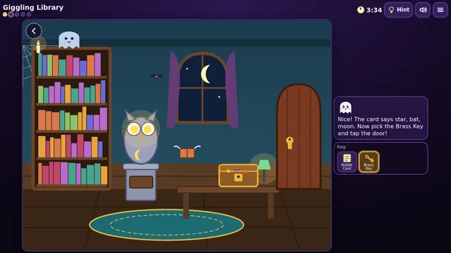 Free online Halloween escape game with a cozy haunted library, an owl statue, a friendly ghost guide and a locked door