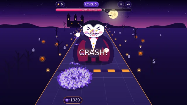 Free online Halloween swarm game with a flock of cute bats flying down a night track toward a cartoon vampire